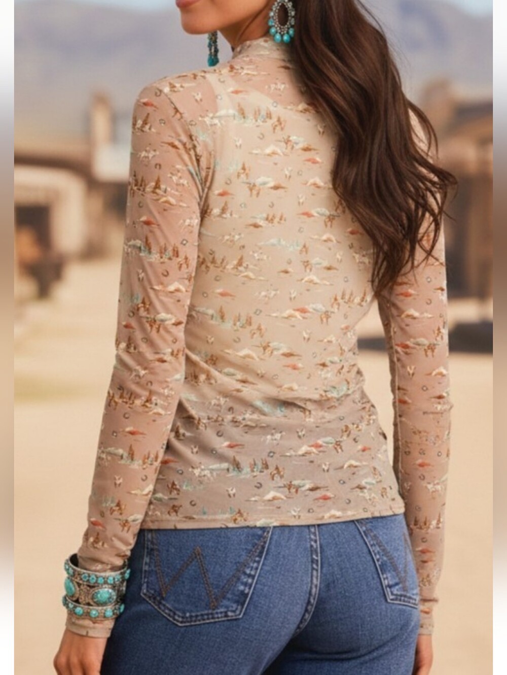 Sheer Long Sleeve Western Printed Mock Neck Top - Beige